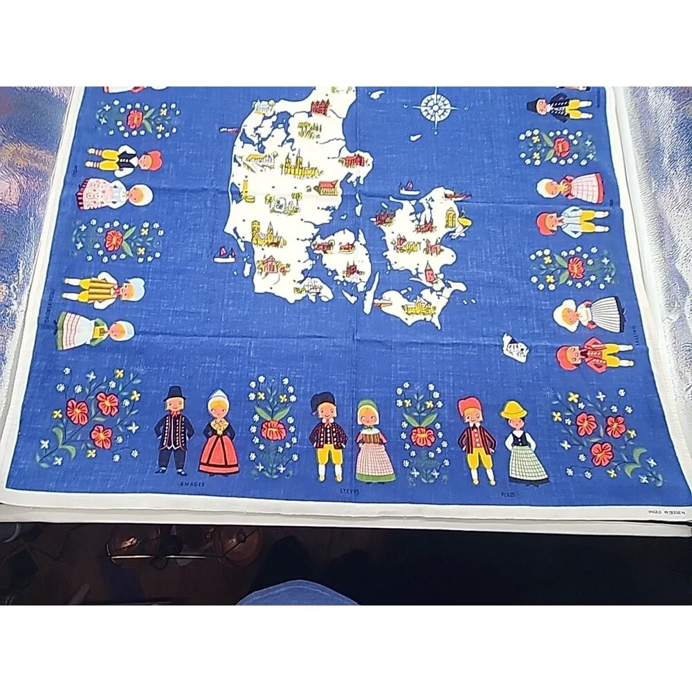 Vtg Tablecloth Fabric Ingrid Pedersen Denmark Souvenir 36” By 36” Blue